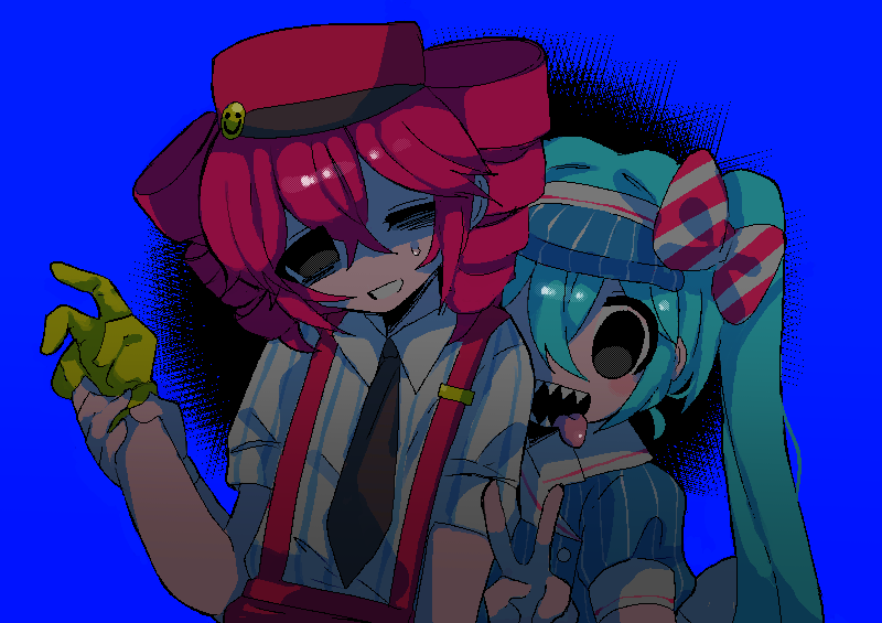 2girls, aqua_hair, black_eyes, black_necktie, blue_background, blue_hat, bow, candyseru