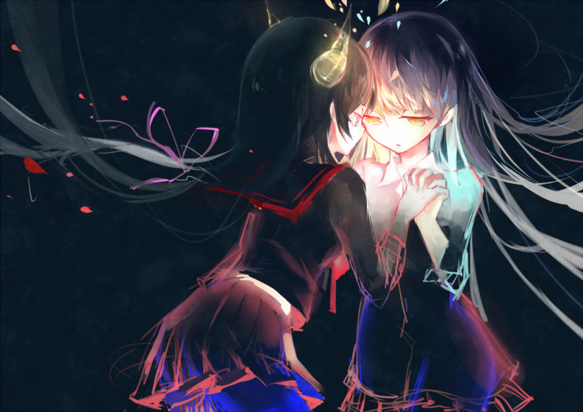 2girls, black_background, black_dress, black_hair, black_pantyhose, black_sailor_collar, black_serafuku, black_shirt