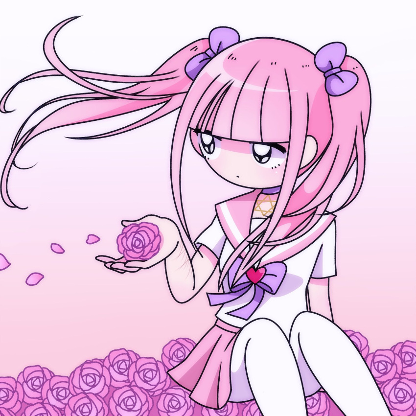 black_eyes, blunt_bangs, bow, choker, closed_mouth, expressionless, ezaki_bisuko, floating_hair