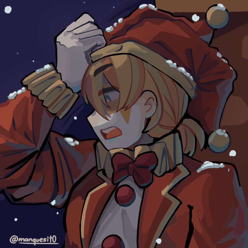 1boy, adjusting_clothes, adjusting_headwear, blonde_hair, blue_eyes, bow, bowtie, chimney