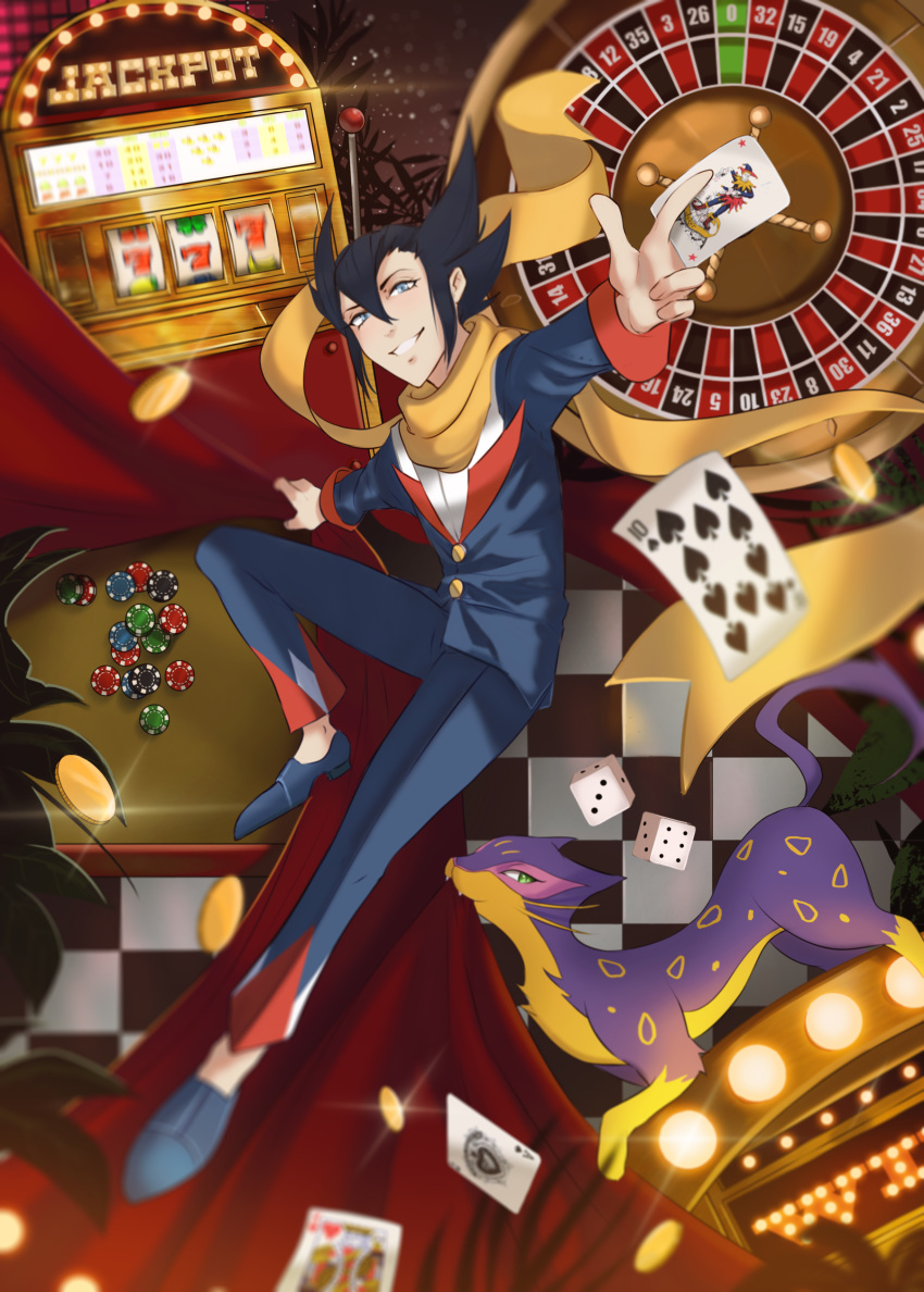 1boy, absurdres, black_hair, blue_eyes, blue_footwear, card, casino, dice