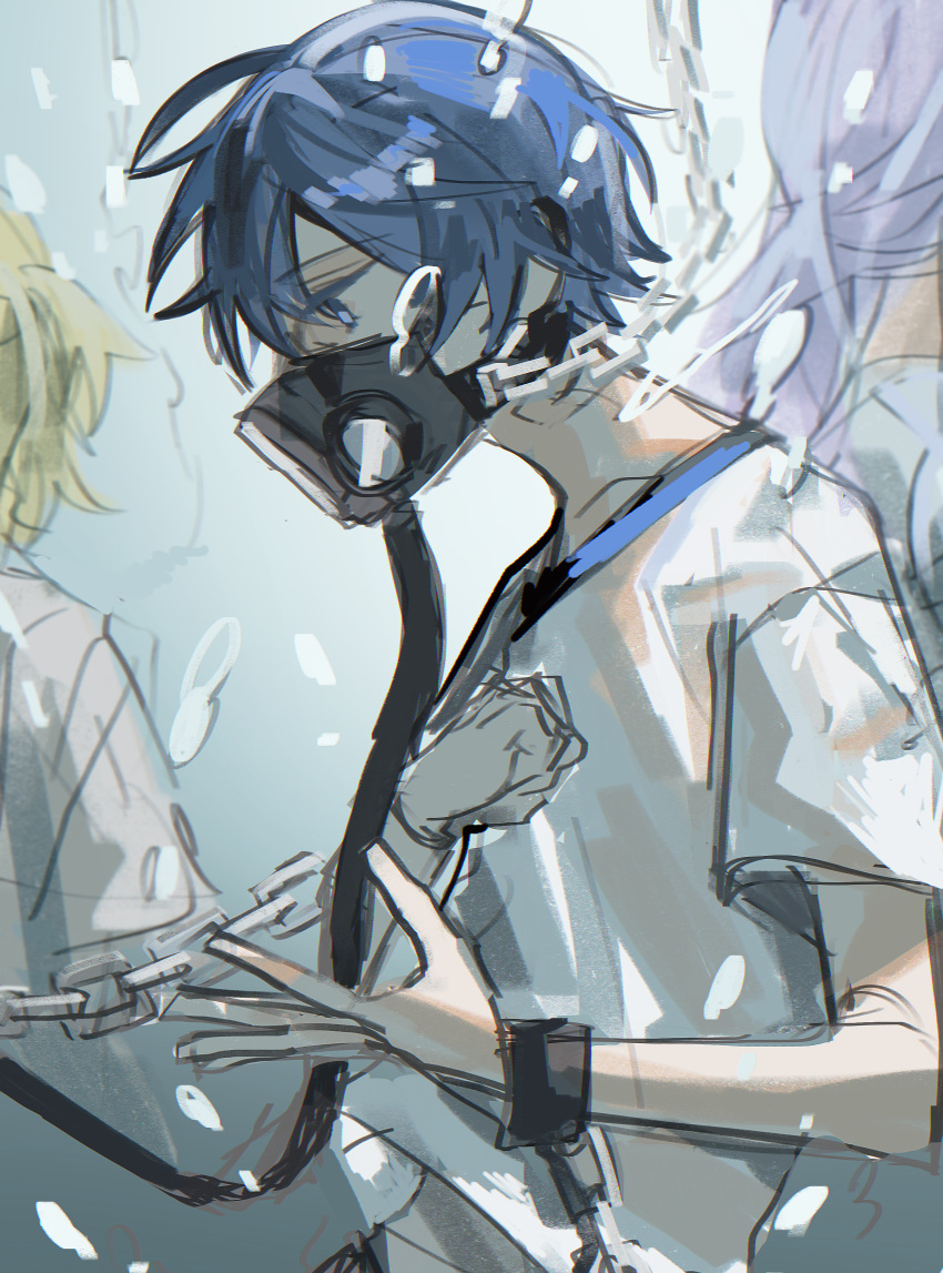 3boys, absurdres, air_bubble, blonde_hair, blue_eyes, blue_hair, bubble, chain