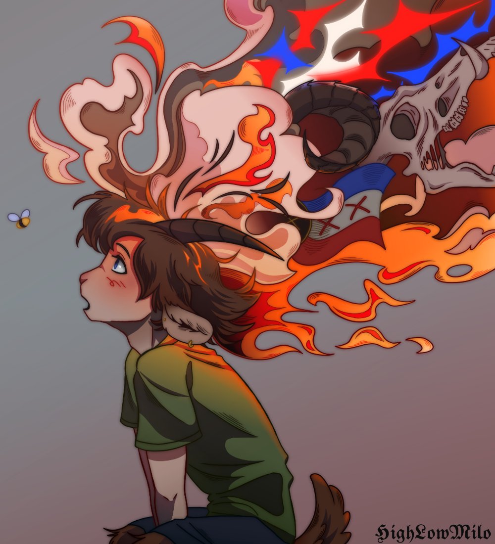 1boy, abstract, animal_ears, animal_skull, bee, blue_eyes, blush, brown_hair