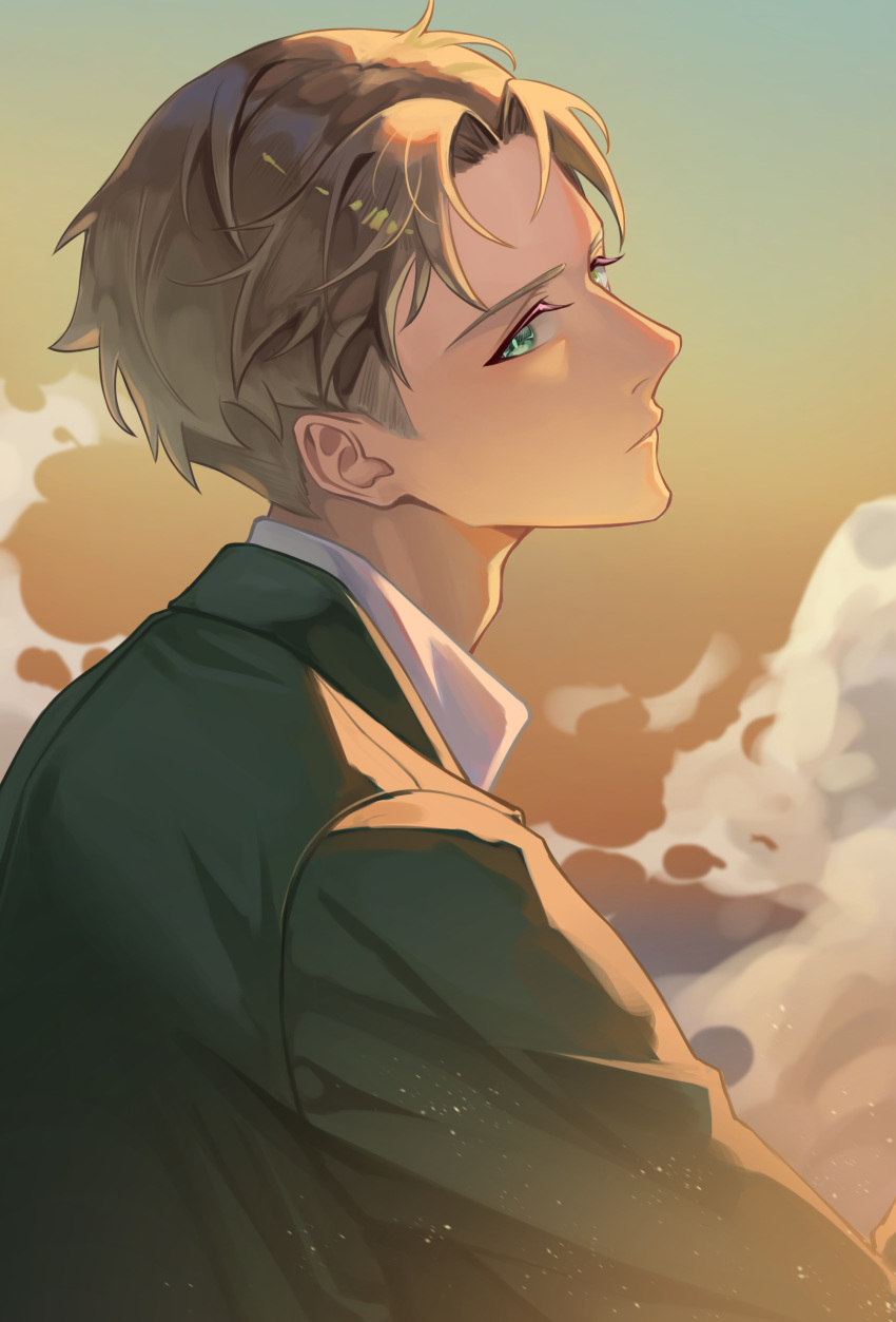 1boy, absurdres, blue_eyes, closed_mouth, fenglansishui, from_side, green_jacket, green_suit