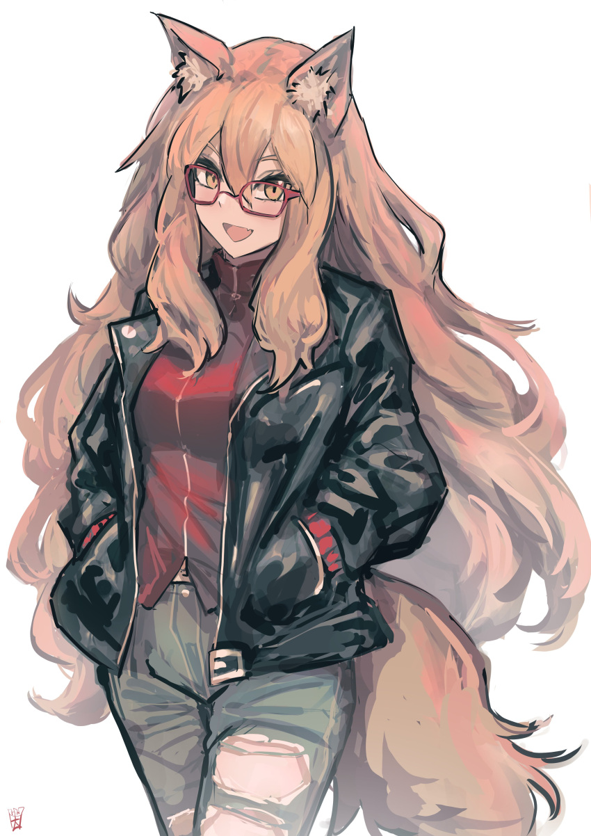 1girl, absurdres, animal_ears, black_jacket, blush, denim, fang, fate/grand_order