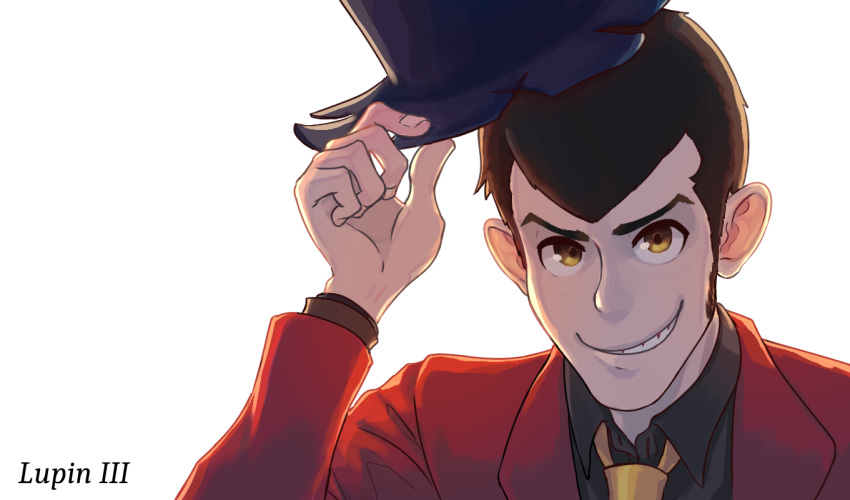 1boy, arsene_lupin_iii, black_hat, black_shirt, brown_hair, collared_shirt, commentary, copyright_name