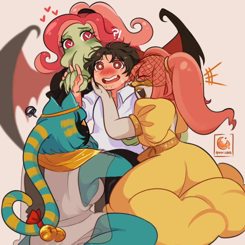 1boy, 3girls, animal_ears, black_dress, cat_ears, cat_girl, cat_tail, cthulhu_mythos
