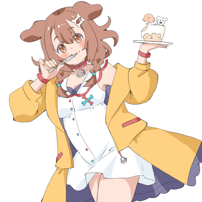 1girl, absurdres, animal_ears, bone_hair_ornament, braid, brown_eyes, brown_hair, collar, dog_ears, dog_girl, dress, eating, fork, hair_ornament, highres, holding, holding_fork, holding_plate, hololive, hoso-inu, inugami_korone, inugami_korone_(1st_costume), jacket, listener_(inugami_korone), looking_at_viewer, mayoineko, medium_hair, plate, red_collar, sleeveless, sleeveless_dress, smile, solo, twin_braids, virtual_youtuber, white_background, white_dress, yellow_jacket