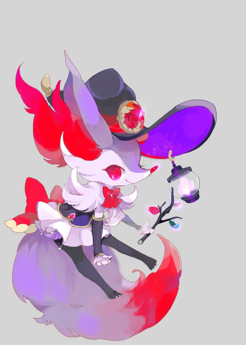 1girl, alternate_color, black_gloves, black_hat, black_shirt, bow, bowtie, braixen