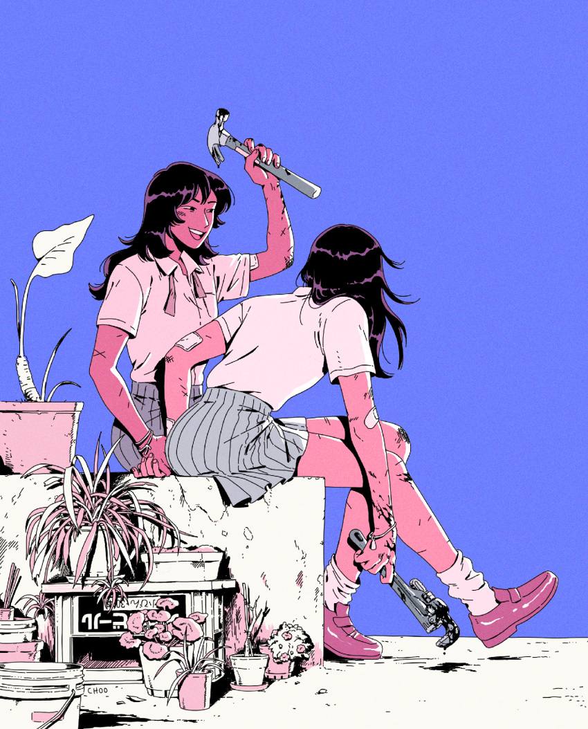 2girls, artist_name, bandaid, bandaid_on_arm, black_blood, black_eyes, black_hair, black_liquid, blood, blood_on_tool, blue_background, bracelet, bucket, choo, collared_shirt, colored_skin, commentary, cuts, dark_skin, dripping, english_commentary, film_grain, from_behind, grey_skirt, hammer, hand_up, highres, holding, holding_hammer, holding_hands, holding_tool, holding_weapon, holding_wrench, injury, jewelry, laughing, leaf, loafers, long_hair, looking_at_another, multiple_girls, necktie, open_mouth, original, pink_footwear, pink_necktie, pink_skin, plant, pleated_skirt, potted_plant, school_uniform, shelf, shirt, shoes, short_sleeves, signature, simple_background, sitting, skirt, smile, socks, undone_necktie, weapon, white_shirt, white_socks, wrench