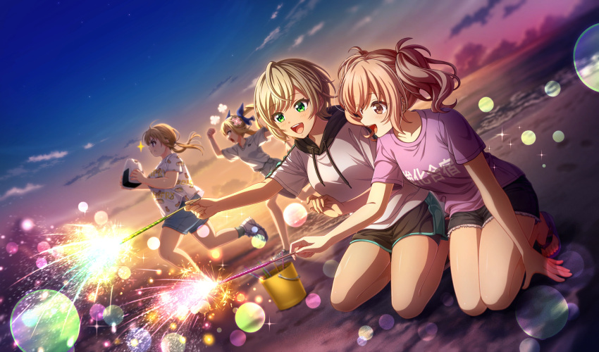 4girls, :d, anger_vein, beach, black_shorts, blonde_hair, blue_shorts, blurry