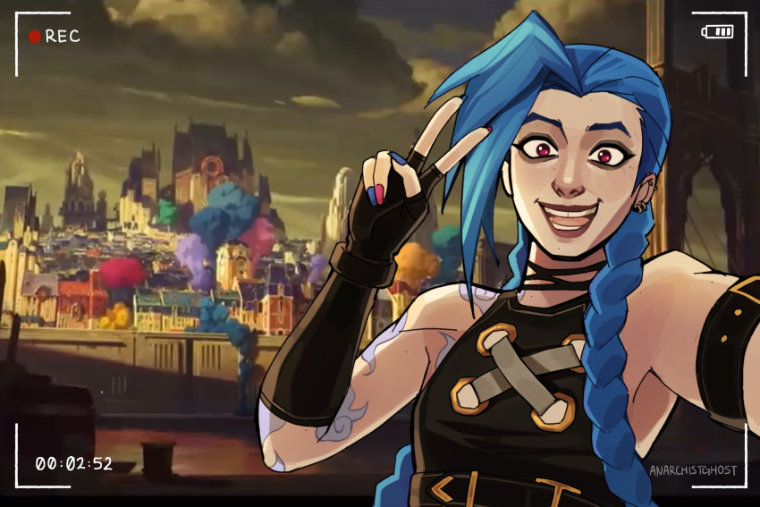 1girl, :d, anarchistghost, arcane:_league_of_legends, arcane_jinx, arm_tattoo, asymmetrical_bangs, bare_shoulders, black_choker, blue_hair, braid, choker, cloud_tattoo, clouds, crop_top, dreadlocks, explosion, fingerless_gloves, gloves, highres, jinx_(league_of_legends), league_of_legends, long_hair, looking_at_viewer, piltover, recording, selfie, shoulder_tattoo, smile, solo, stomach_tattoo, tattoo, twin_braids, twitter_username, v