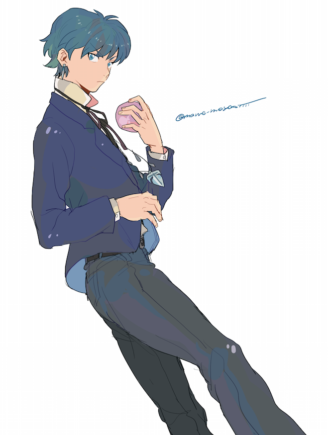 1boy, blue_eyes, blue_hair, blue_jacket, commentary_request, cowboy_shot, holding, jacket