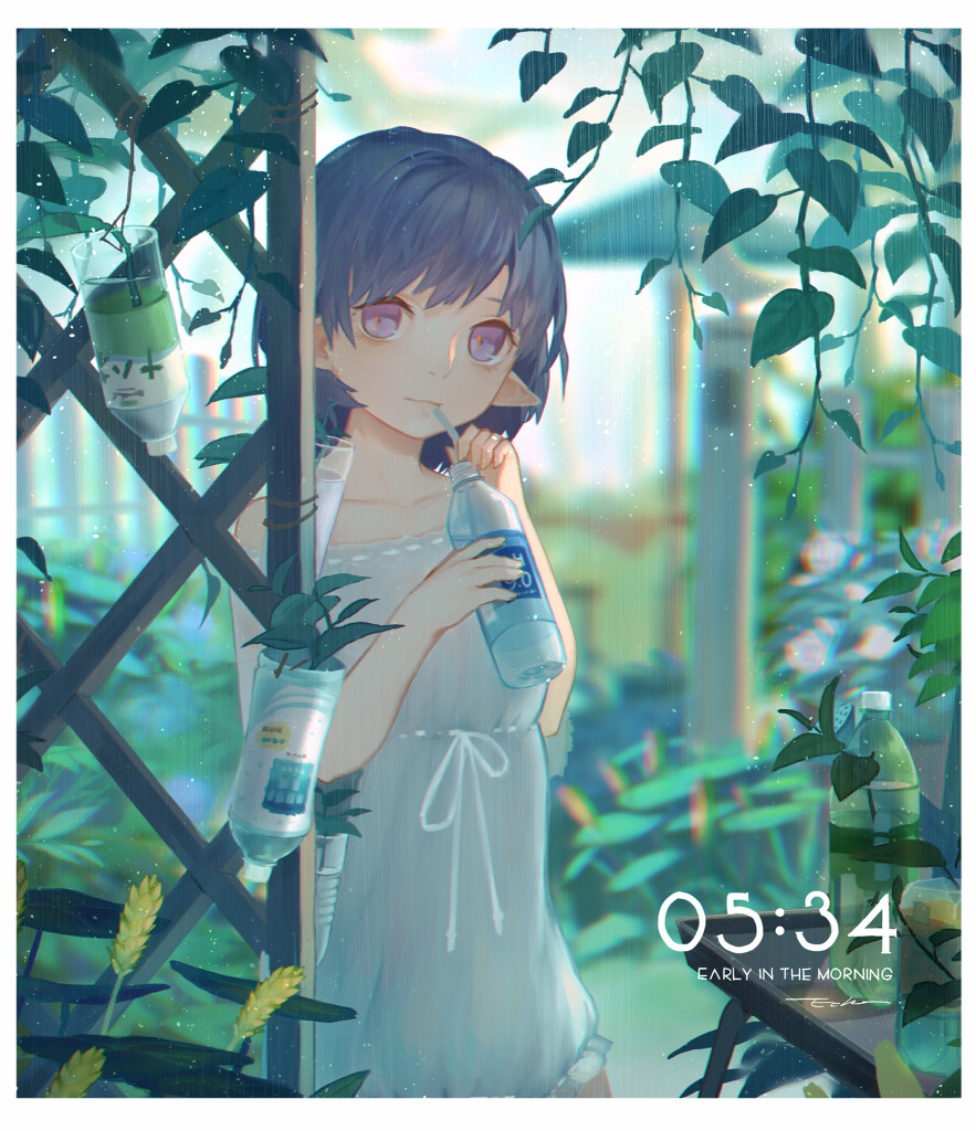 1girl, bad_artstation_id, bad_id, bare_arms, bare_shoulders, border, bottle, closed_mouth