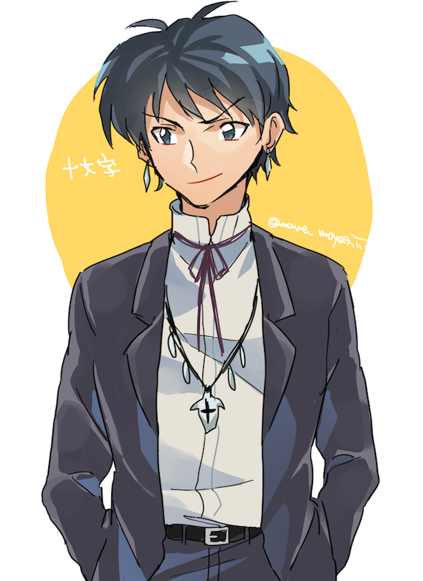 1boy, black_hair, black_suit, blue_eyes, earrings, hands_in_pockets, jewelry, juumonji_tsubasa