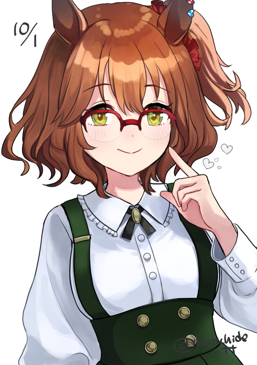 1girl, animal_ears, aston_machan_(umamusume), breasts, brown_hair, casual, closed_mouth, commentary_request