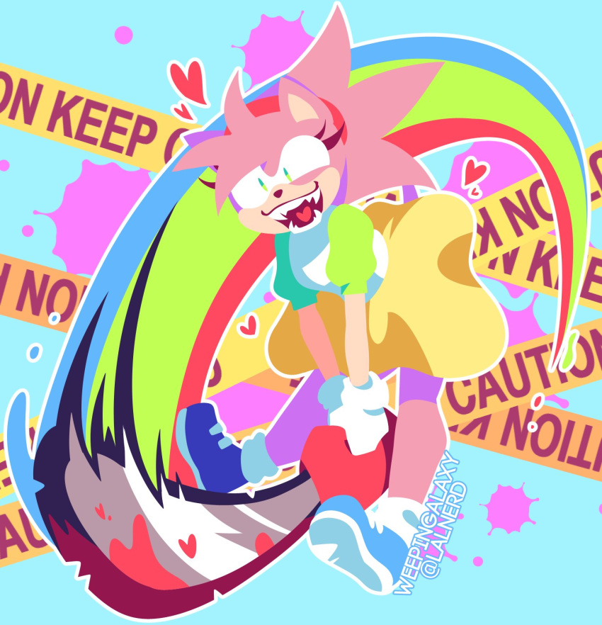 1girl, album_cover_redraw, blue_background, blue_footwear, caution_tape, chainsaw, colorful, commentary, crazy, derivative_work, english_commentary, full_body, furry, furry_female, hedgehog_girl, highres, holding, holding_chainsaw, lalnerd, lesbian_ponies_with_weapons, no_lineart, parody, pink_fur, rainbow, rosy_the_rascal, shirt, shoes, skirt, sneakers, solo, sonic_(series), sonic_the_hedgehog_(archie_comics), vylet_pony, yellow_skirt