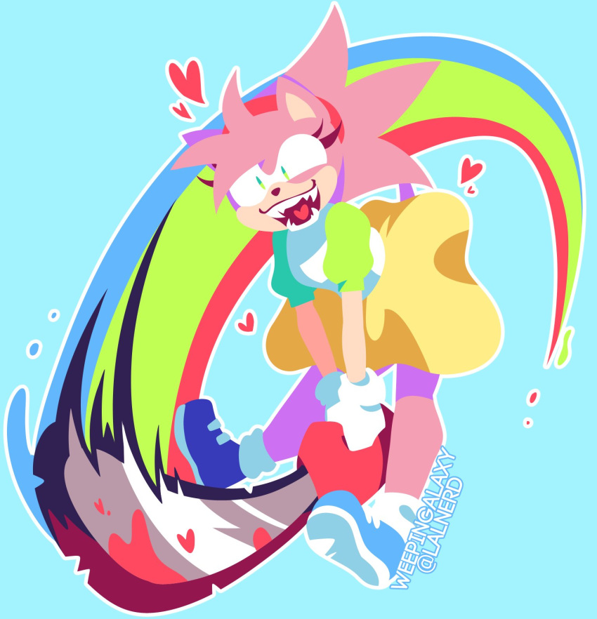 1girl, album_cover_redraw, blue_background, blue_footwear, chainsaw, colorful, commentary, crazy, derivative_work, english_commentary, full_body, furry, furry_female, hedgehog_girl, highres, holding, holding_chainsaw, lalnerd, lesbian_ponies_with_weapons, no_lineart, parody, pink_fur, rainbow, rosy_the_rascal, shirt, shoes, skirt, sneakers, solo, sonic_(series), sonic_the_hedgehog_(archie_comics), vylet_pony, yellow_skirt