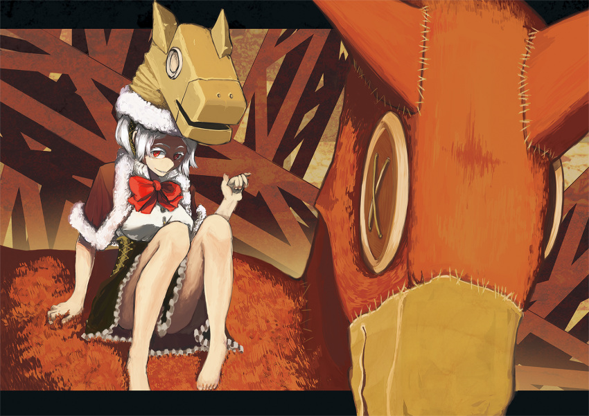 1girl, barefoot, bow, bowtie, button_eyes, buttons, commentary, corset