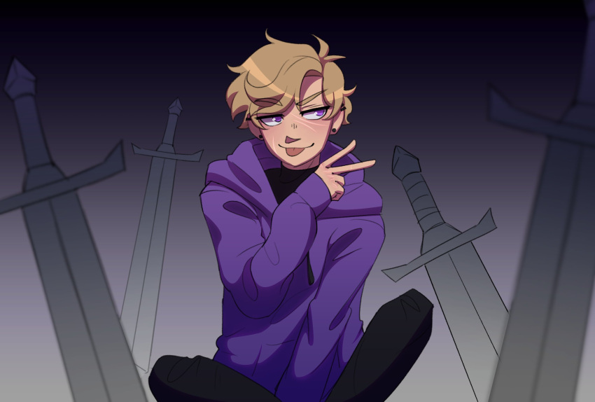 1boy, anime_coloring, animification, black_pants, blonde_hair, blush, commentary, english_commentary, highres, hood, hood_down, hoodie, indian_style, jitome, lalnerd, male_focus, minecraft_youtube, pants, plug_(piercing), purple_hoodie, purpled, scar, short_hair, sitting, smile, solo, sword, tongue, tongue_out, v, violet_eyes, weapon