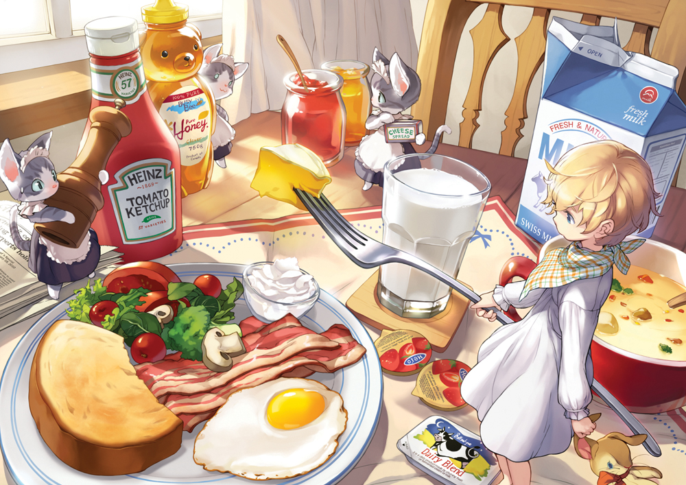 animal_ears, bacon, blonde_hair, blue_eyes, breakfast, butter, cat, cat_ears