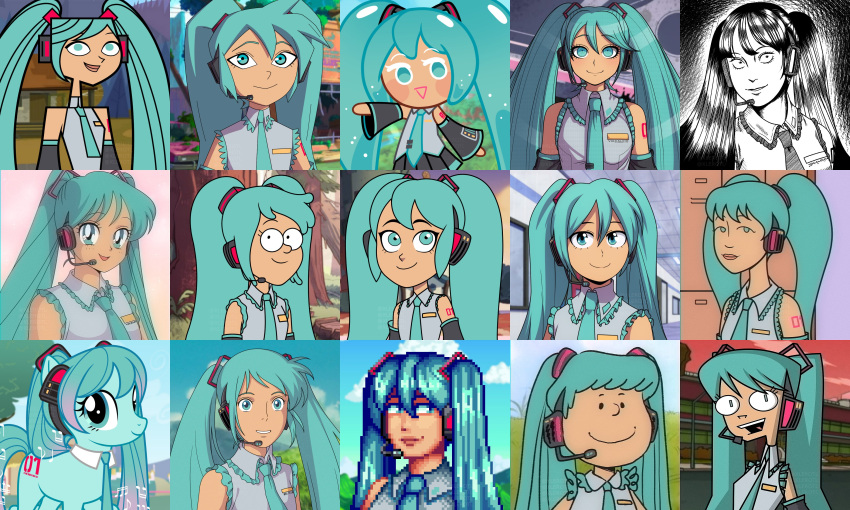 1990s_(style), 6+girls, absurdres, animalization, aqua_eyes, aqua_hair, aqua_necktie, aqua_skin