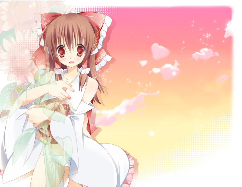 bad_id, bouquet, bow, brown_hair, detached_sleeves, flower, flower_bouquet, hair_bow