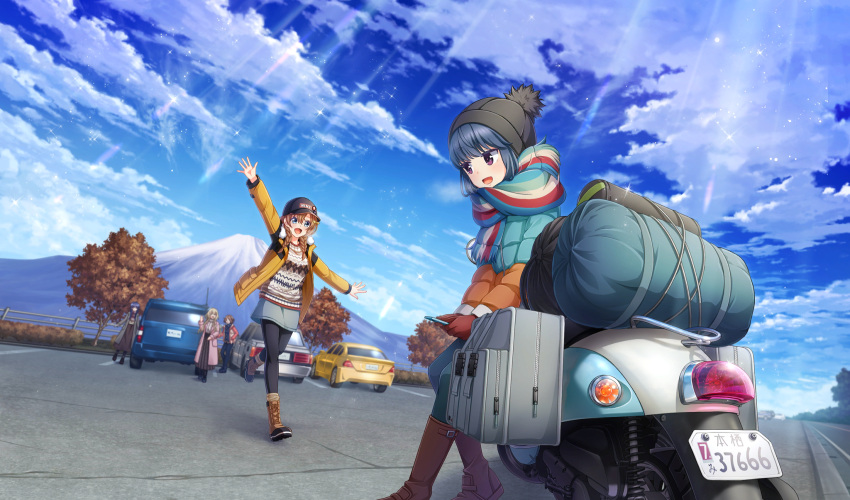5girls, :d, arihara_tsubasa, baseball_cap, black_hat, black_pantyhose, black_skirt, blonde_hair