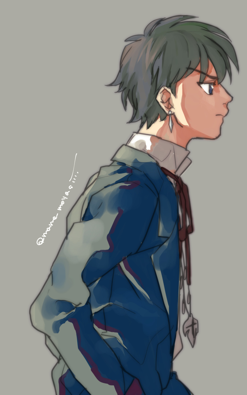 1boy, absurdres, grey_background, grey_eyes, grey_hair, hand_in_pocket, highres, jacket