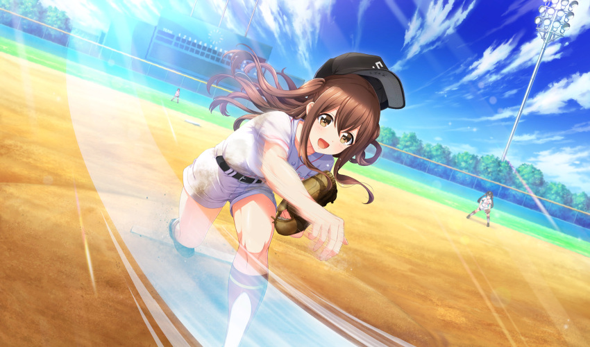 3girls, :d, baseball, baseball_cap, baseball_mitt, baseball_stadium, baseball_uniform, belt