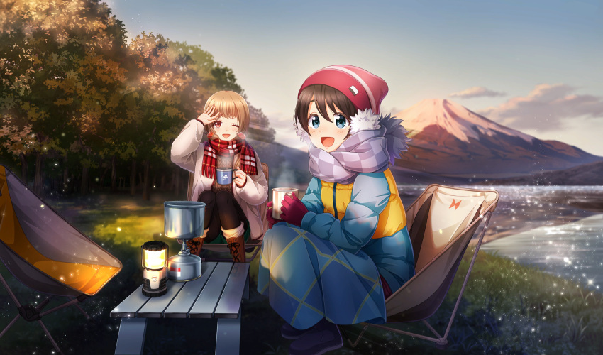2girls, :d, ;d, backpacking_stove, black_footwear, black_hair, black_pantyhose, blue_eyes