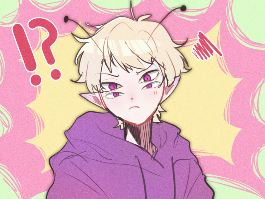 !?, 1boy, alien, animification, annoyed, antennae, ay_linn92, blonde_hair, commentary, drawstring, dream_smp, english_commentary, extra_eyes, film_grain, frown, highres, hood, hood_down, hoodie, looking_at_viewer, male_focus, minecraft_youtube, monster_boy, pointy_ears, purple_hoodie, purpled, short_hair, solo, upper_body, violet_eyes