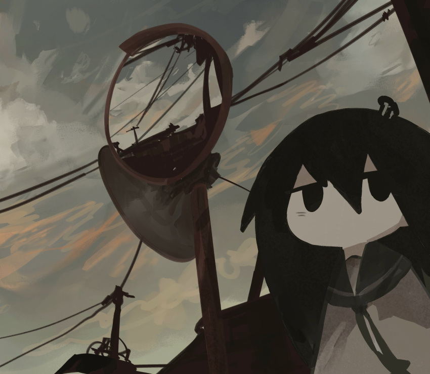 1girl, black_eyes, black_hair, clouds, cloudy_sky, dutch_angle, evening, grey_necktie