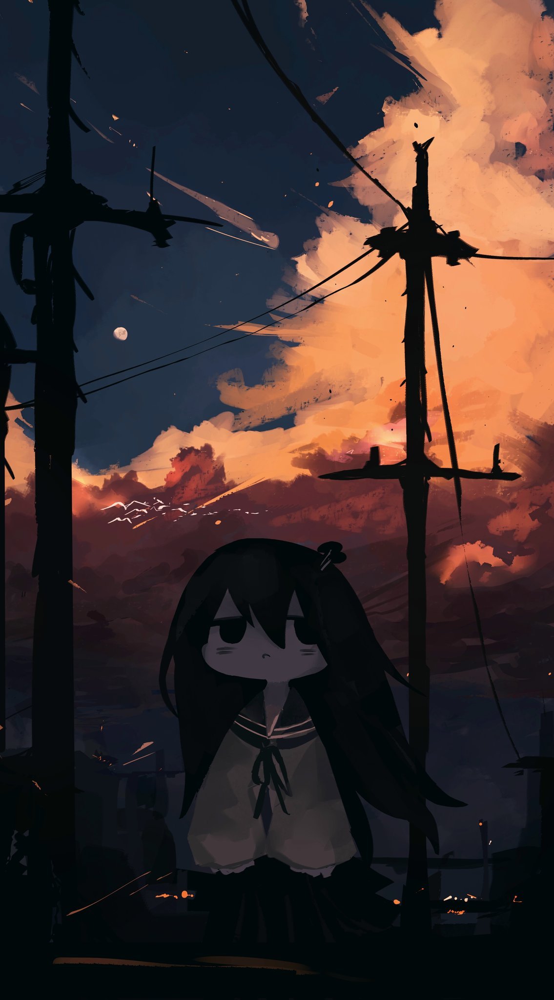 1girl, :c, arms_at_sides, black_eyes, black_hair, black_skirt, blue_sky, blush