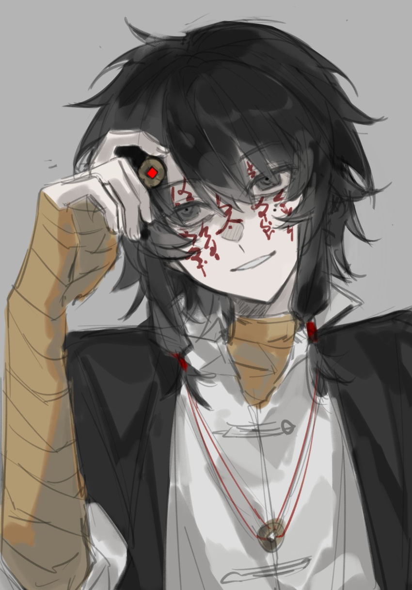 1boy, aosadekuermanpifa, bandaged_arm, bandaged_hand, bandages, black_eyes, black_hair, black_jacket