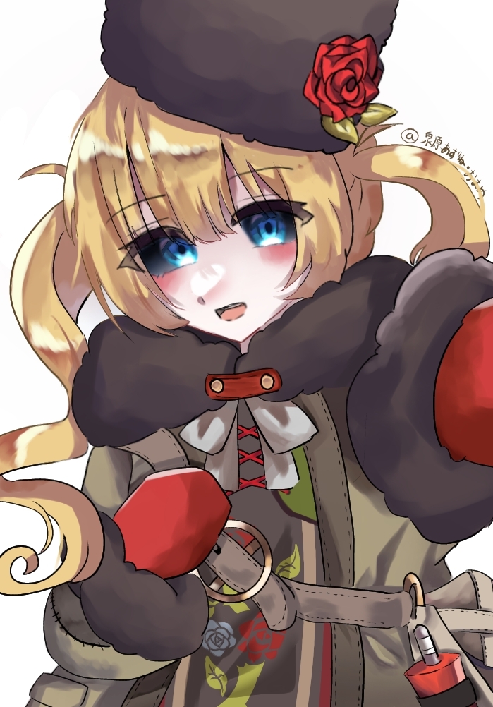 1girl, artist_name, black_hat, black_sclera, blush, coat, colored_sclera, fur-trimmed_coat