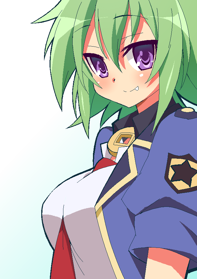 between_breasts, breasts, fang, green_hair, large_breasts, necktie, oekaki, purple_eyes
