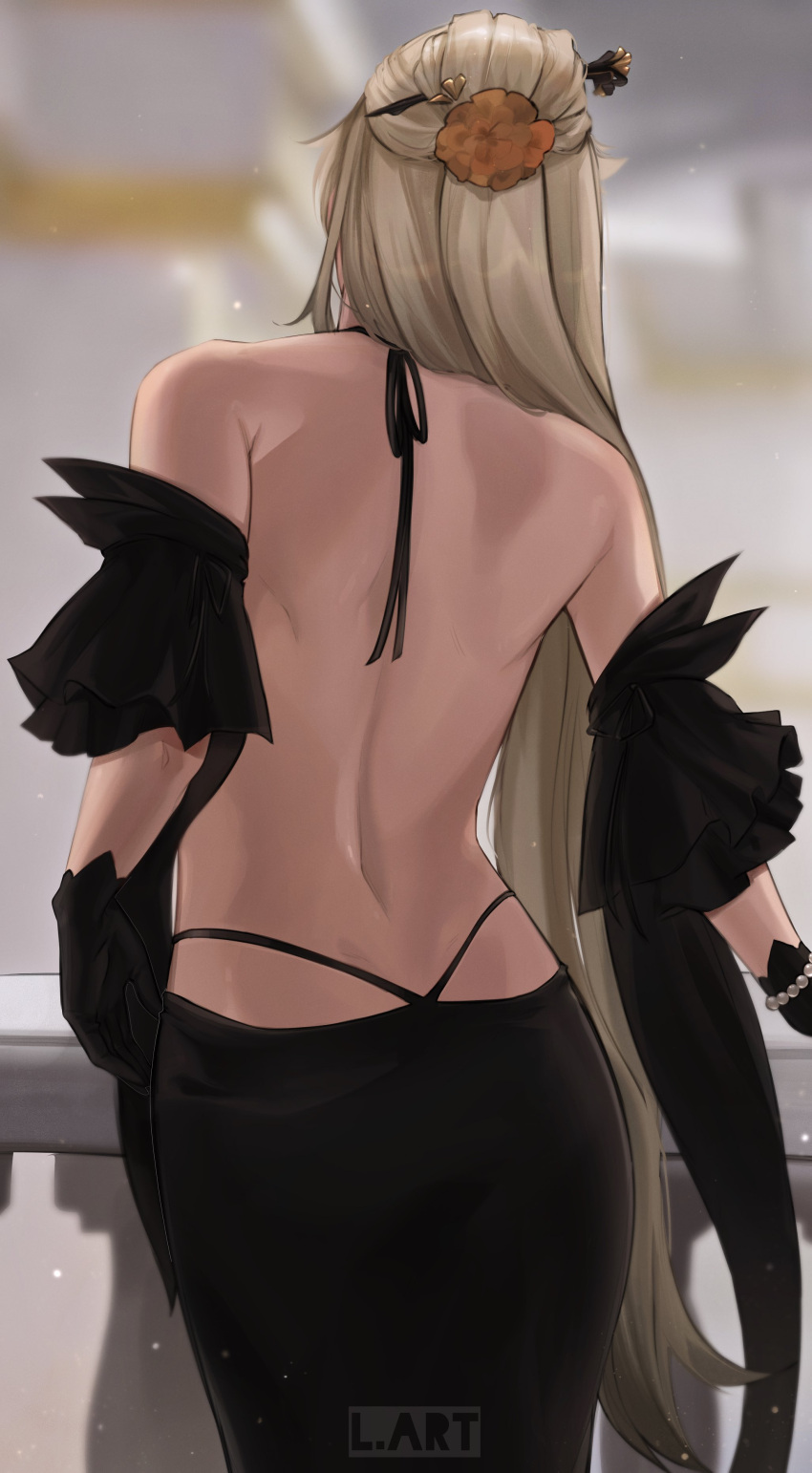 1girl, absurdres, back_turned, backless_outfit, bare_shoulders, black_gloves, flower, genshin_impact