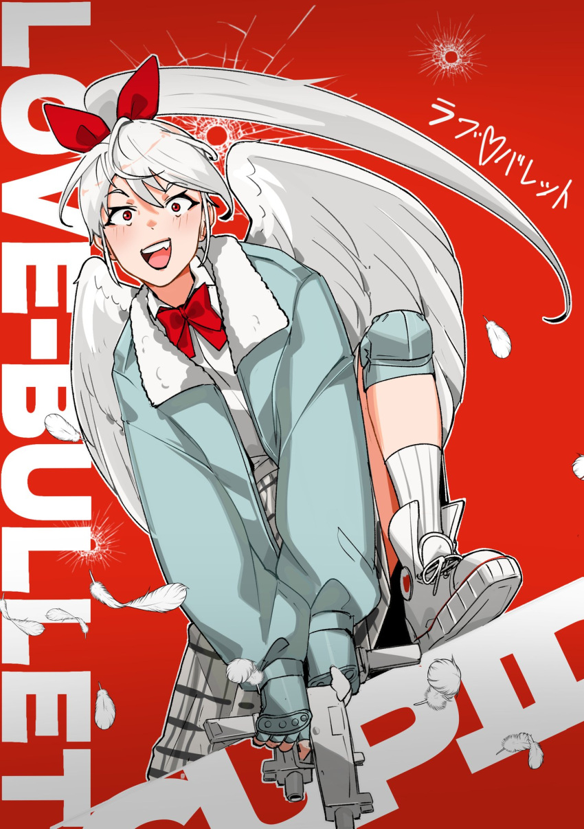 1girl, angel_wings, blue_jacket, bow, bullet_hole, chiyo_(love-bullet), copyright_name, cupid