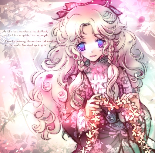 blonde_hair, blue_eyes, bow, braid, curly_hair, dress, flower, hair_bow