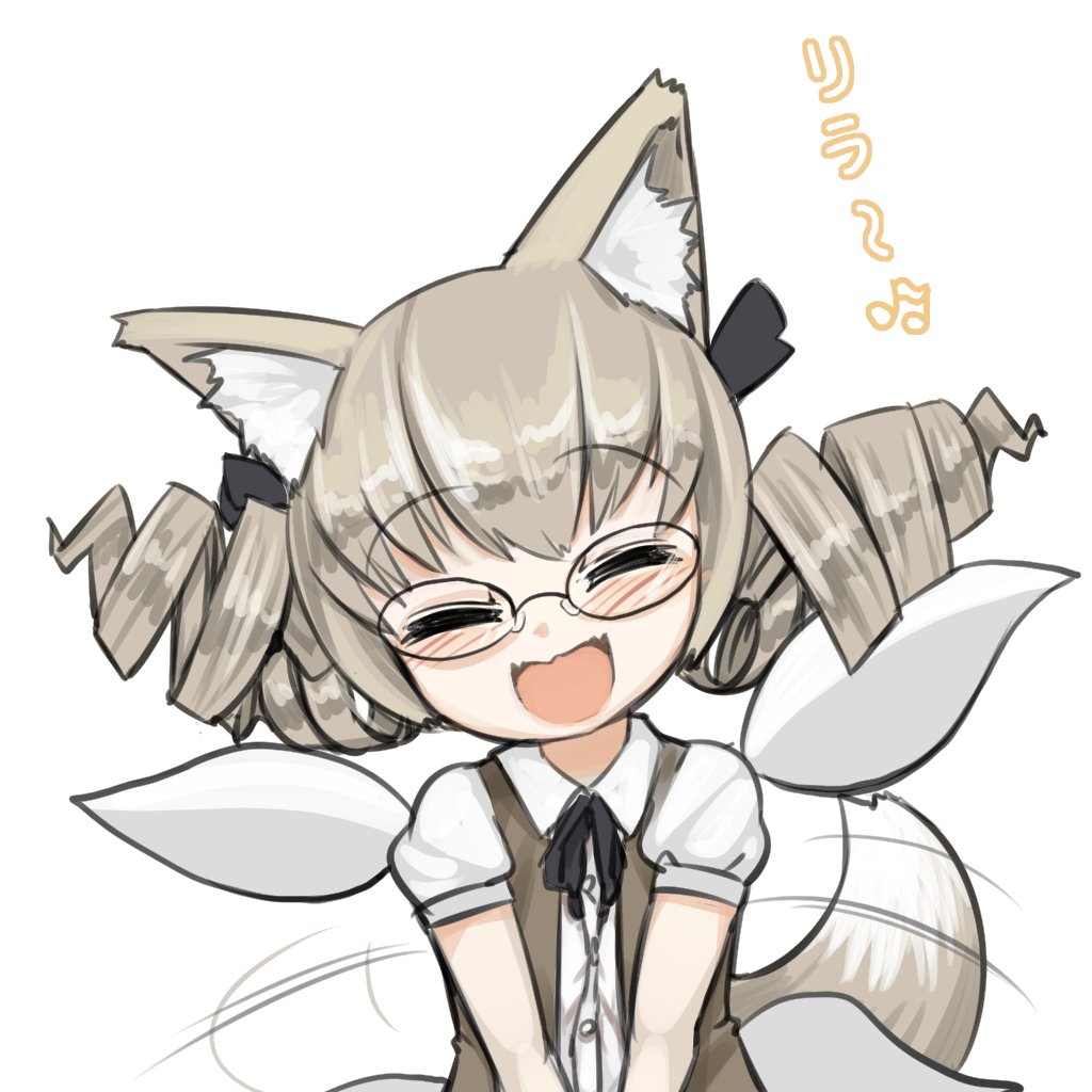 1girl, :d, =_=, animal_ear_fluff, animal_ears, black-framed_eyewear, black_bow, black_bowtie