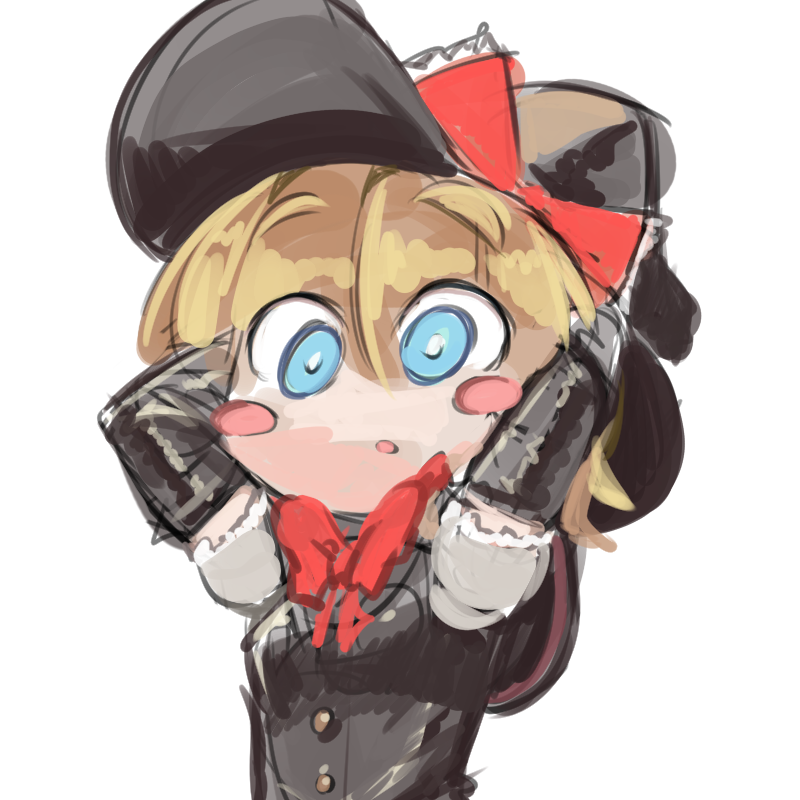 1girl, :o, arms_behind_head, arms_up, black_capelet, black_gloves, black_hat, black_vest