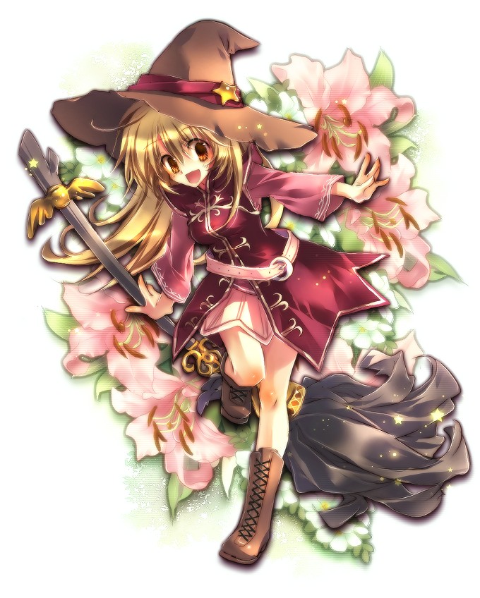 blonde_hair, boots, broom, character_request, flower, hat, lily_(flower), long_hair