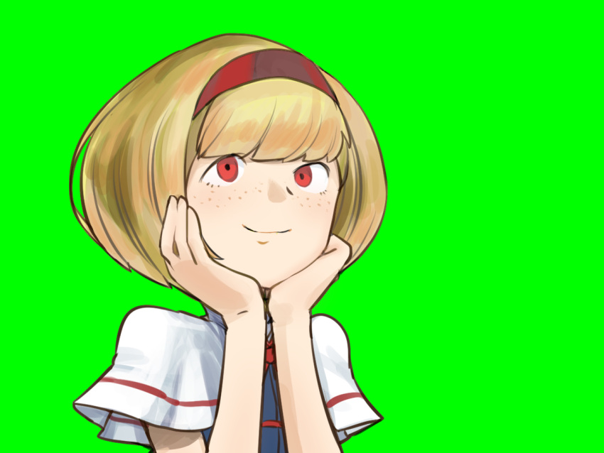 1girl, agucala_(cookie), alice_margatroid, blonde_hair, blue_dress, bob_cut, capelet, closed_mouth