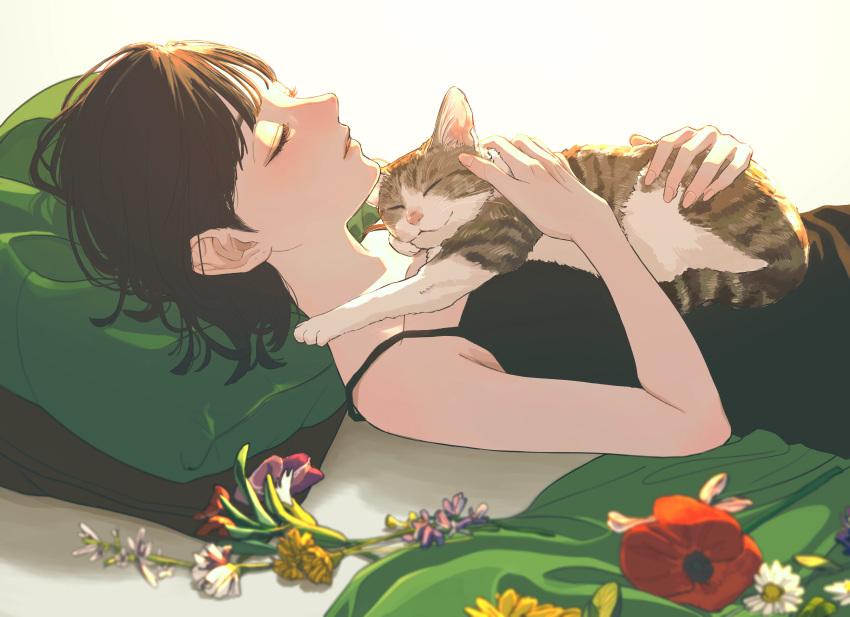 1girl, absurdres, black_camisole, black_hair, camisole, cat, closed_eyes, flower