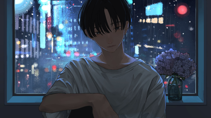 1boy, black_eyes, black_hair, closed_mouth, collarbone, flower, hair_between_eyes, highres