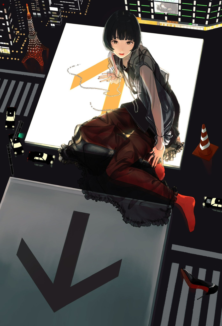 1girl, bead_necklace, beads, black_camisole, black_dress, black_hair, brown_eyes, camisole