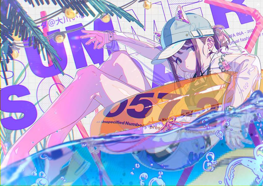 1girl, absurdres, animal_ear_headwear, arm_up, bikini, brown_hair, closed_mouth, commentary, drinking_straw, ear_piercing, earrings, goshichi_shoji, highres, innertube, jacket, jewelry, long_sleeves, looking_at_viewer, ookawa_ina, original, partially_submerged, piercing, see-through_clothes, see-through_jacket, short_ponytail, shorts, sidelocks, solo, swim_ring, swimsuit, symbol-only_commentary, water