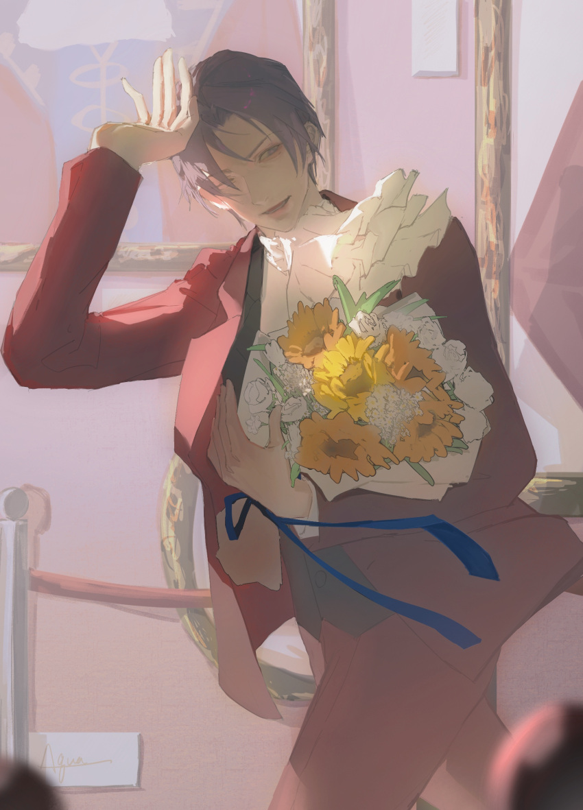 1boy, absurdres, ace_attorney, ascot, bishounen, black_vest, blazer, blue_ribbon, bouquet, chinese_commentary, collared_jacket, commentary_request, cowboy_shot, floating_clothes, flower, grey_eyes, grey_hair, hand_on_own_head, happy, highres, holding, holding_bouquet, indoors, jacket, lapels, layered_sleeves, lips, long_sleeves, looking_at_viewer, male_focus, meiri_baoshi_maidanglao, miles_edgeworth, museum, notched_lapels, one_eye_closed, open_clothes, open_jacket, open_mouth, painting_(object), pants, red_jacket, red_pants, red_suit, ribbon, rose, running, shirt, short_hair, smile, solo, suit, sunflower, vest, white_ascot, white_flower, white_rose, white_shirt, yellow_flower
