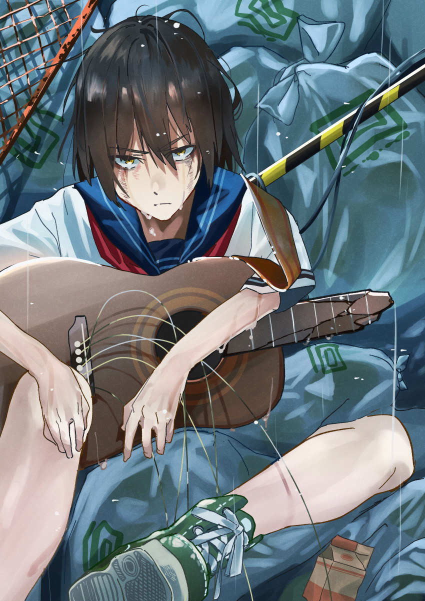 1girl, absurdres, black_hair, broken_guitar, broken_instrument, commentary, crying, garapii